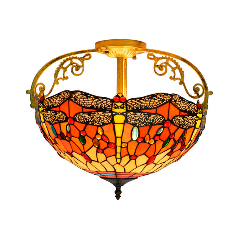 Dragonfly Cut Glass Semi Flush Mount Ceiling Light Fixture - Mediterranean Style, 3 Lights, Yellow/Orange/Blue - Perfect for Corridors