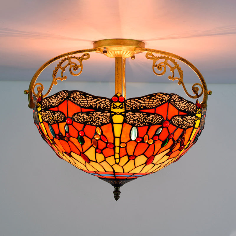 Dragonfly Cut Glass Semi Flush Mount Ceiling Light Fixture - Mediterranean Style, 3 Lights, Yellow/Orange/Blue - Perfect for Corridors