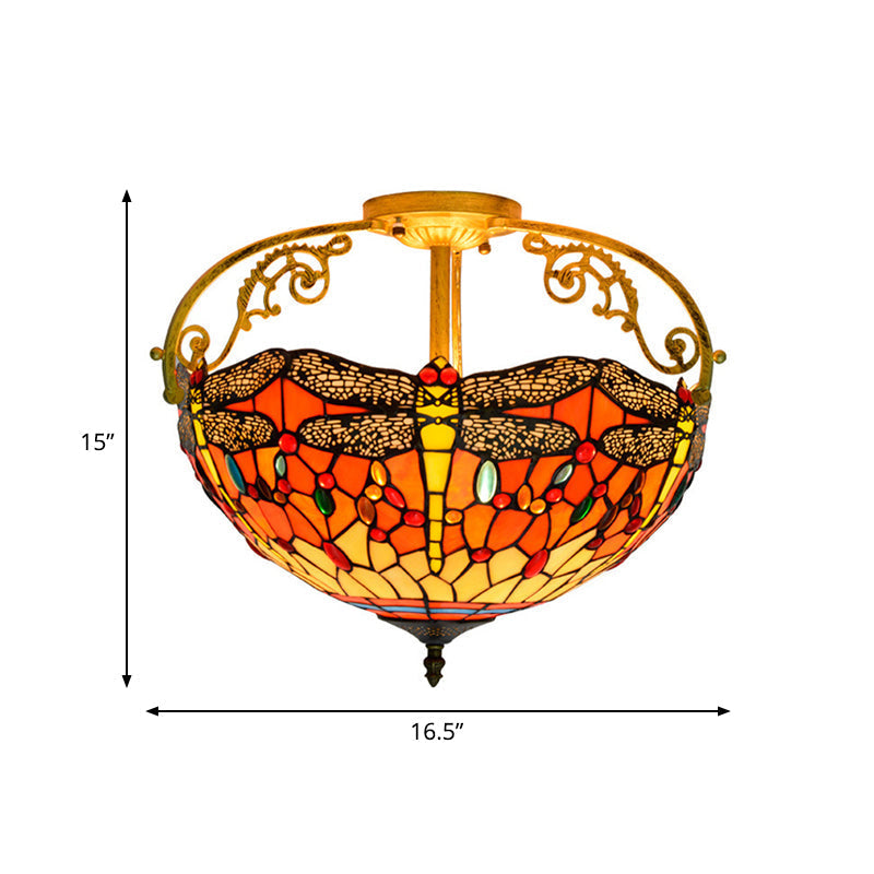 Dragonfly Cut Glass Semi Flush Mount Ceiling Light Fixture - Mediterranean Style, 3 Lights, Yellow/Orange/Blue - Perfect for Corridors