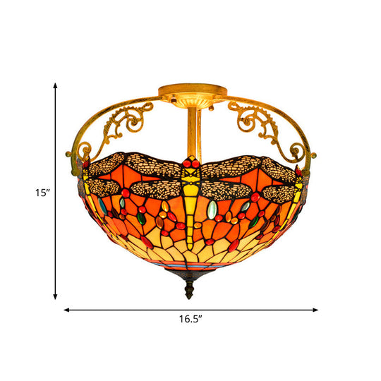 Dragonfly Cut Glass Semi Flush Mount Ceiling Light Fixture - Mediterranean Style, 3 Lights, Yellow/Orange/Blue - Perfect for Corridors