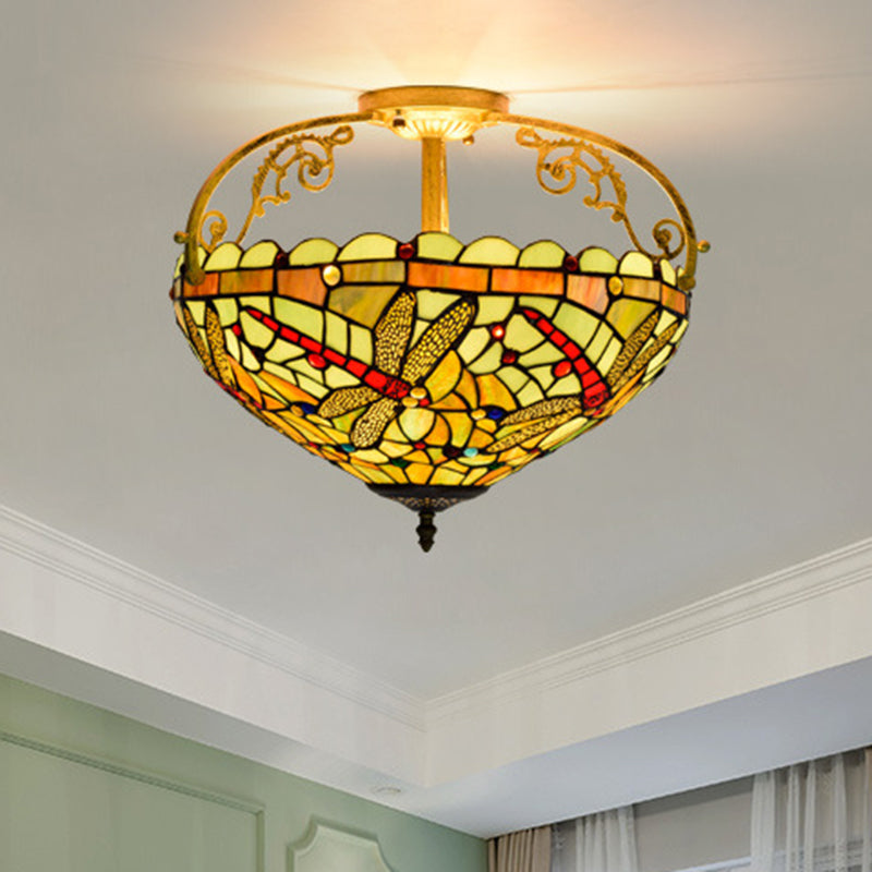 Dragonfly Cut Glass Semi Flush Mount Ceiling Light Fixture - Mediterranean Style, 3 Lights, Yellow/Orange/Blue - Perfect for Corridors