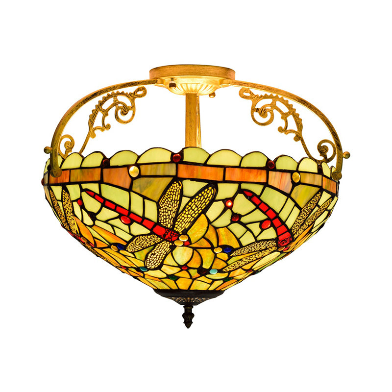 Dragonfly Cut Glass Semi Flush Mount Ceiling Light Fixture - Mediterranean Style, 3 Lights, Yellow/Orange/Blue - Perfect for Corridors