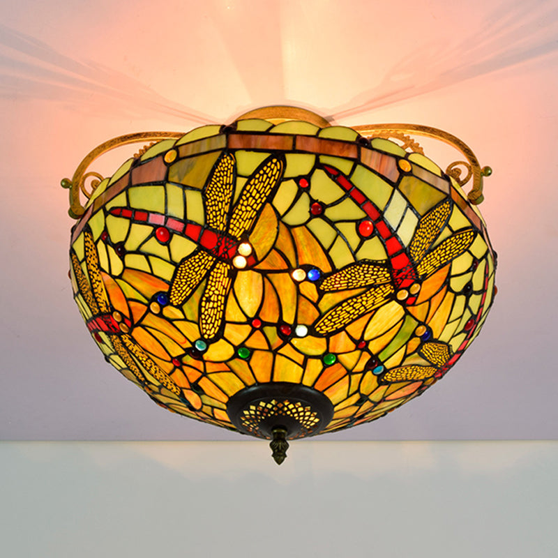 Dragonfly Cut Glass Semi Flush Mount Ceiling Light Fixture - Mediterranean Style, 3 Lights, Yellow/Orange/Blue - Perfect for Corridors