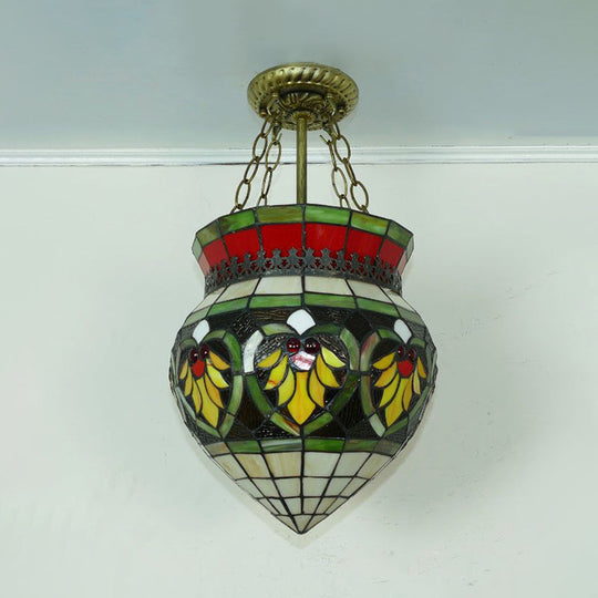 Tiffany Style Stained Glass Flower Semi Flush Mount Light - Green - Ideal for Corridor Ceiling Lighting