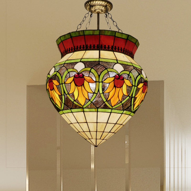 Tiffany Style Stained Glass Flower Semi Flush Mount Light - Green - Ideal for Corridor Ceiling Lighting