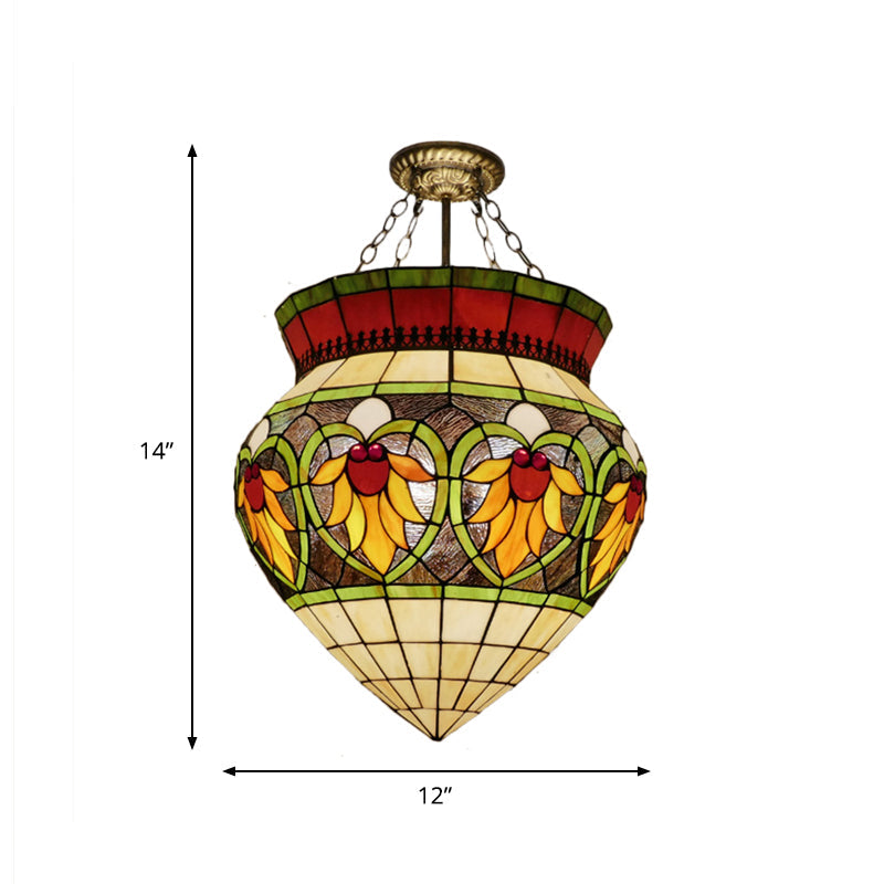 Tiffany Style Stained Glass Flower Semi Flush Mount Light - Green - Ideal for Corridor Ceiling Lighting