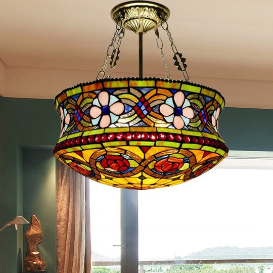 Victorian Stained Glass 5-Light Semi Mount Ceiling Fixture for Bedroom - Brown