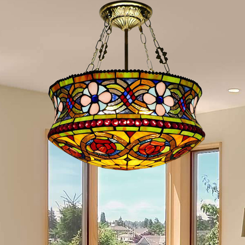 Victorian Stained Glass 5-Light Semi Mount Ceiling Fixture for Bedroom - Brown