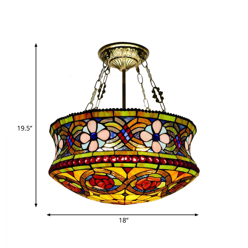 Victorian Stained Glass 5-Light Semi Mount Ceiling Fixture for Bedroom - Brown