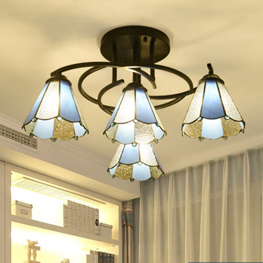 Mediterranean Black Bedroom Ceiling Lamp with Cone/Dome White/Beige/Blue Glass Shade - 4 Lights Semi Flush Mount