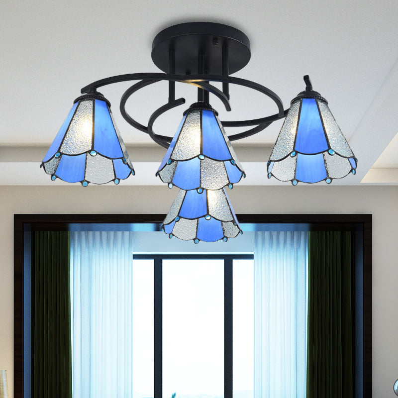 Mediterranean Black Bedroom Ceiling Lamp with Cone/Dome White/Beige/Blue Glass Shade - 4 Lights Semi Flush Mount