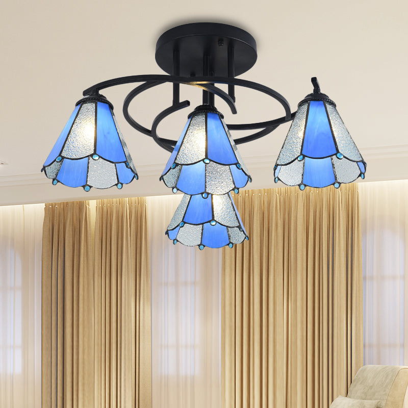 Mediterranean Black Bedroom Ceiling Lamp with Cone/Dome White/Beige/Blue Glass Shade - 4 Lights Semi Flush Mount