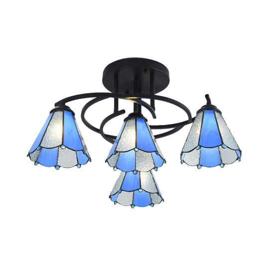 Mediterranean Black Bedroom Ceiling Lamp with Cone/Dome White/Beige/Blue Glass Shade - 4 Lights Semi Flush Mount