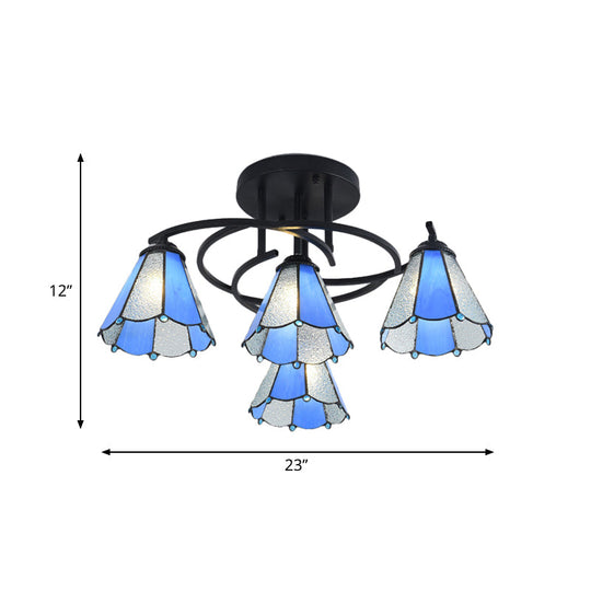 Mediterranean Black Bedroom Ceiling Lamp with Cone/Dome White/Beige/Blue Glass Shade - 4 Lights Semi Flush Mount