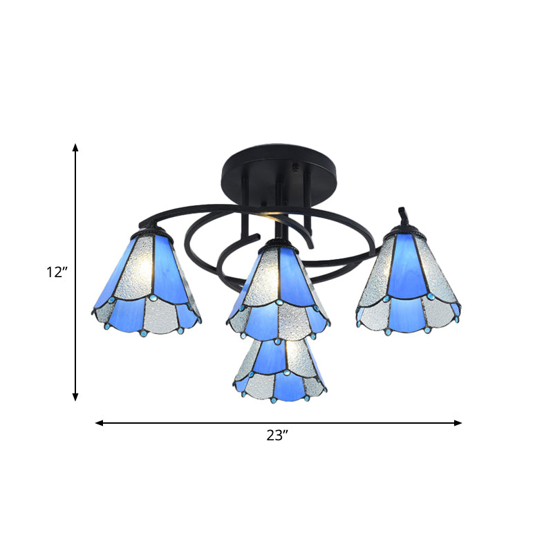 Mediterranean Black Bedroom Ceiling Lamp With Cone/Dome White/Beige/Blue Glass Shade - 4 Lights Semi