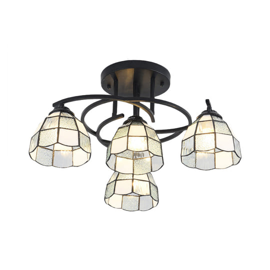 Mediterranean Black Bedroom Ceiling Lamp with Cone/Dome White/Beige/Blue Glass Shade - 4 Lights Semi Flush Mount