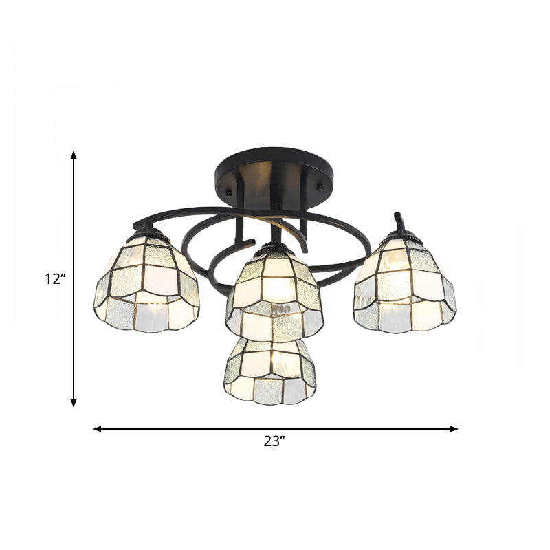 Mediterranean Black Bedroom Ceiling Lamp with Cone/Dome White/Beige/Blue Glass Shade - 4 Lights Semi Flush Mount