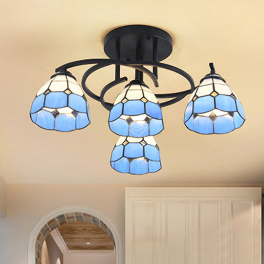 Mediterranean Black Bedroom Ceiling Lamp with Cone/Dome White/Beige/Blue Glass Shade - 4 Lights Semi Flush Mount