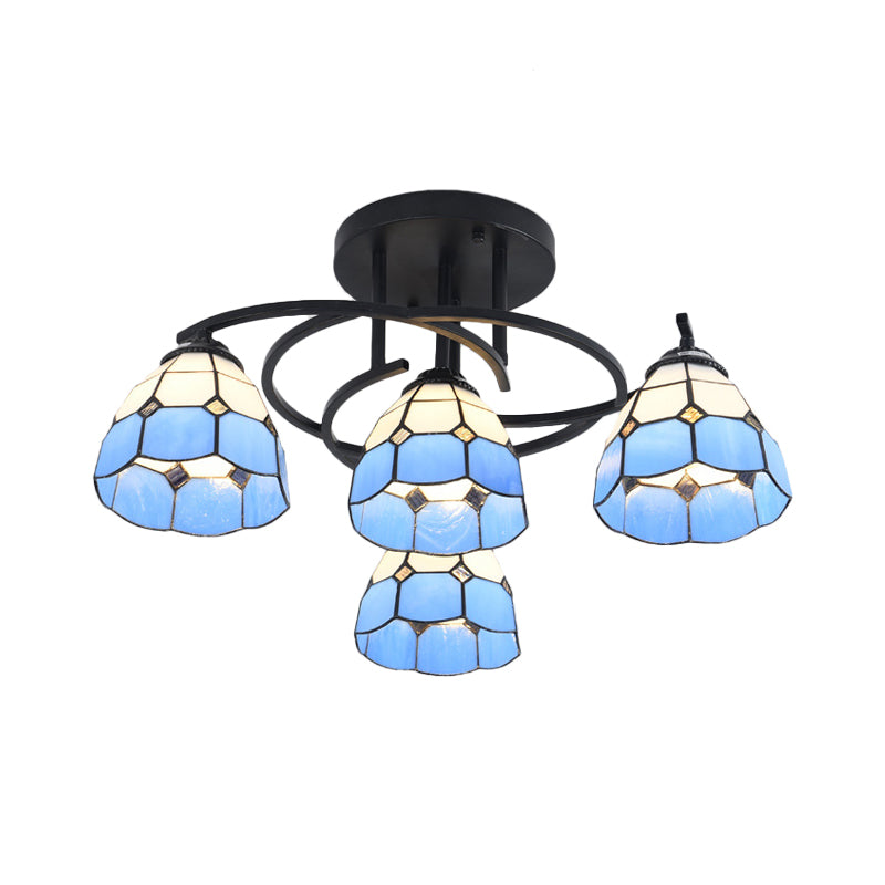 Mediterranean Black Bedroom Ceiling Lamp with Cone/Dome White/Beige/Blue Glass Shade - 4 Lights Semi Flush Mount