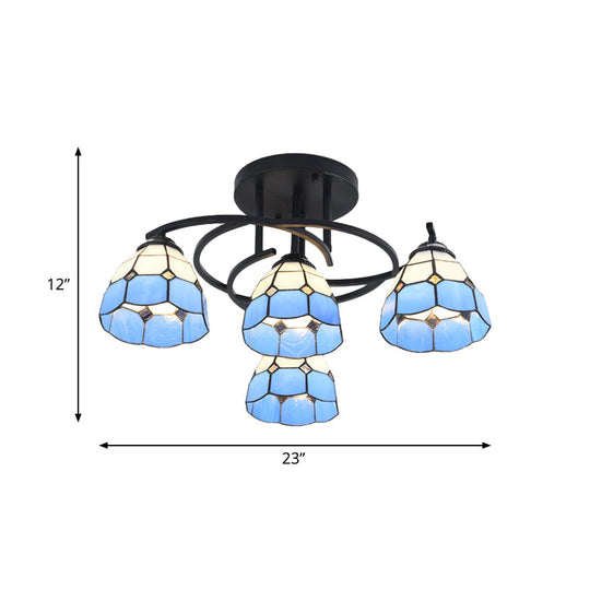 Mediterranean Black Bedroom Ceiling Lamp with Cone/Dome White/Beige/Blue Glass Shade - 4 Lights Semi Flush Mount