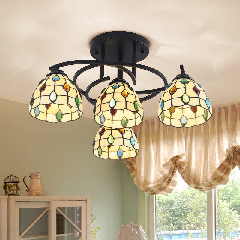 Mediterranean Black Bedroom Ceiling Lamp with Cone/Dome White/Beige/Blue Glass Shade - 4 Lights Semi Flush Mount