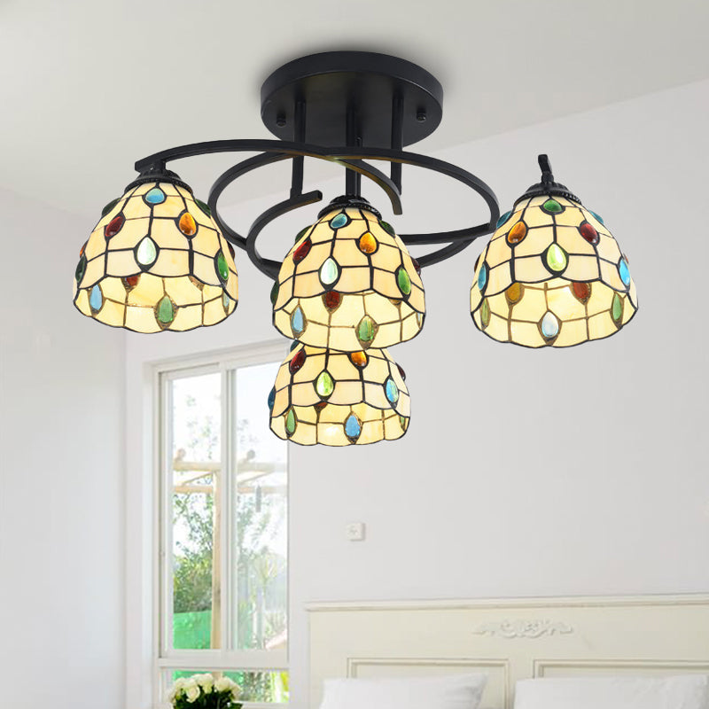 Mediterranean Black Bedroom Ceiling Lamp with Cone/Dome White/Beige/Blue Glass Shade - 4 Lights Semi Flush Mount