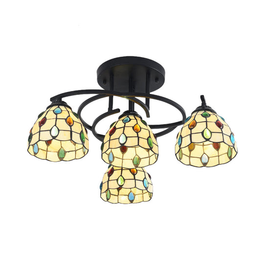 Mediterranean Black Bedroom Ceiling Lamp with Cone/Dome White/Beige/Blue Glass Shade - 4 Lights Semi Flush Mount