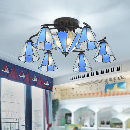 Blue And White Glass Semi-Flush Conical Ceiling Light With 9/11 Lights - Black Lighting Fixture For