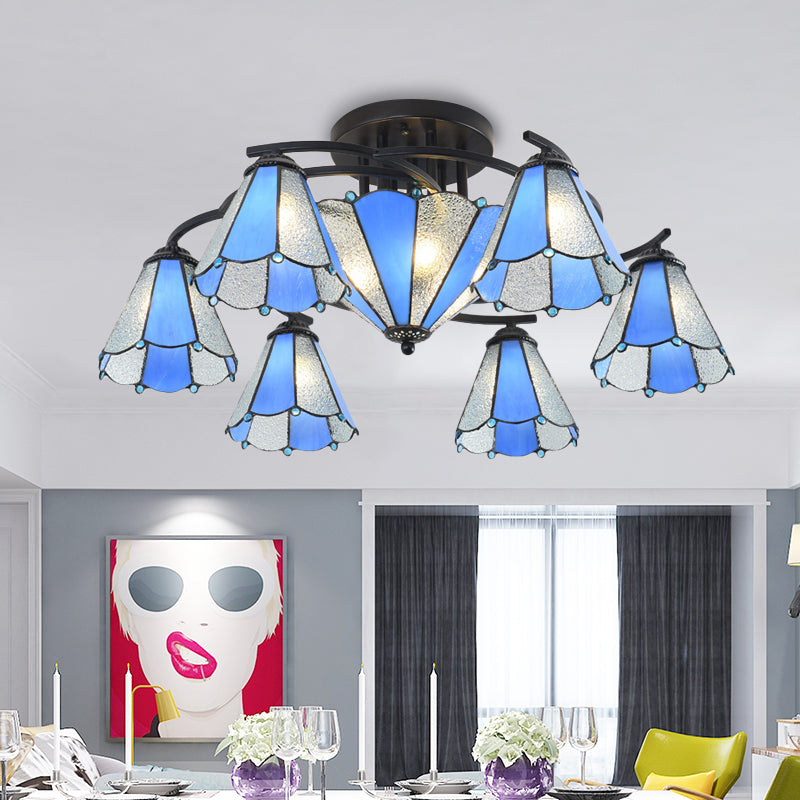 Blue and White Glass Semi-Flush Conical Ceiling Light with 9/11 Lights - Black Lighting Fixture for Living Room