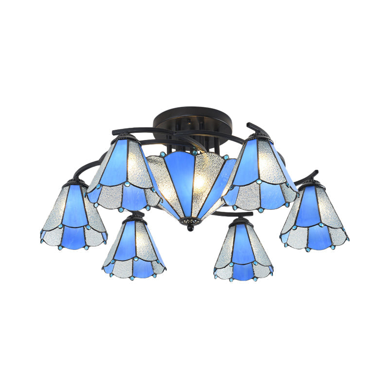 Blue and White Glass Semi-Flush Conical Ceiling Light with 9/11 Lights - Black Lighting Fixture for Living Room