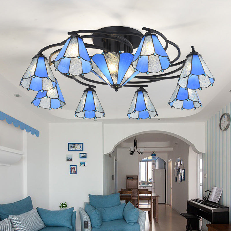 Blue and White Glass Semi-Flush Conical Ceiling Light with 9/11 Lights - Black Lighting Fixture for Living Room