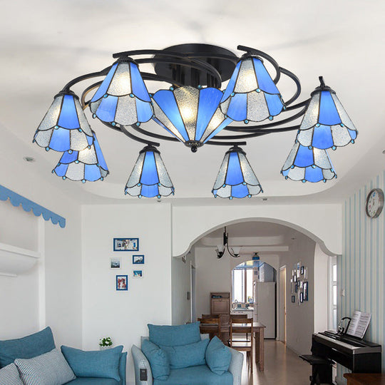 Blue and White Glass Semi-Flush Conical Ceiling Light with 9/11 Lights - Black Lighting Fixture for Living Room