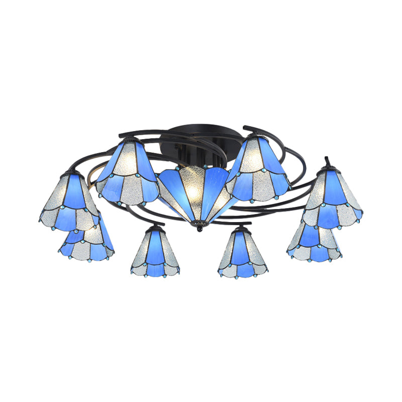 Blue and White Glass Semi-Flush Conical Ceiling Light with 9/11 Lights - Black Lighting Fixture for Living Room