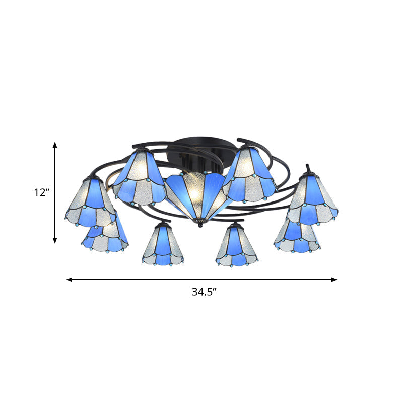 Blue and White Glass Semi-Flush Conical Ceiling Light with 9/11 Lights - Black Lighting Fixture for Living Room