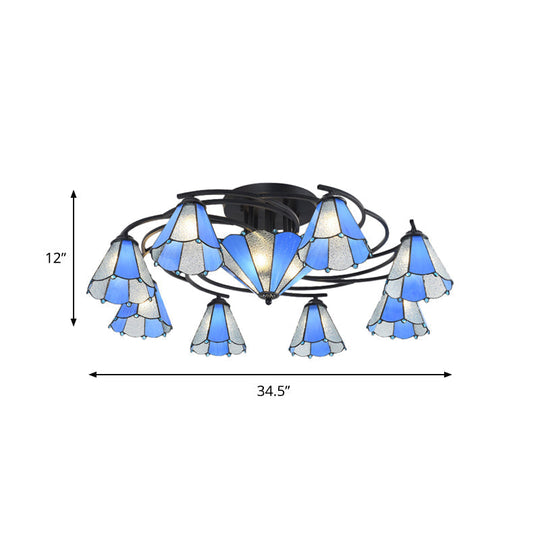 Blue And White Glass Semi-Flush Conical Ceiling Light With 9/11 Lights - Black Lighting Fixture For