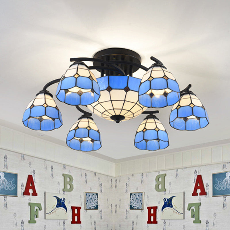 Blue and White Glass Semi-Flush Conical Ceiling Light with 9/11 Lights - Black Lighting Fixture for Living Room