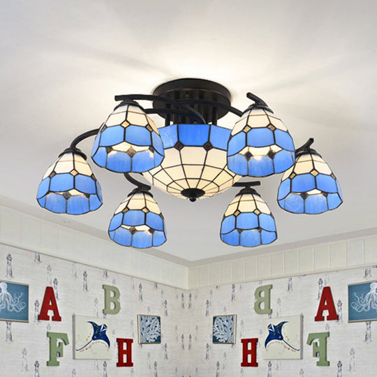 Blue and White Glass Semi-Flush Conical Ceiling Light with 9/11 Lights - Black Lighting Fixture for Living Room