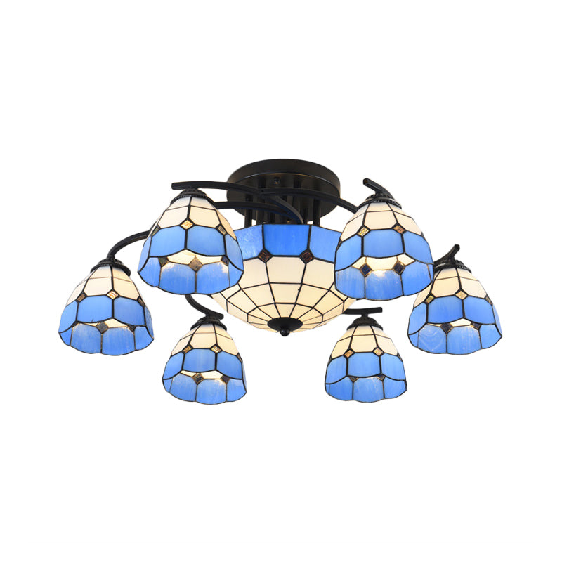 Blue and White Glass Semi-Flush Conical Ceiling Light with 9/11 Lights - Black Lighting Fixture for Living Room