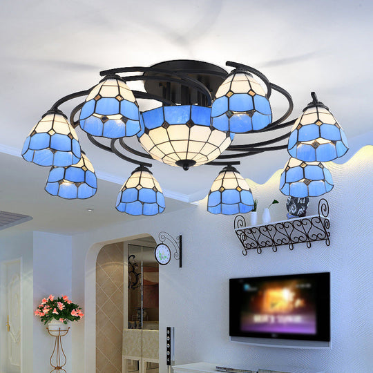 Blue and White Glass Semi-Flush Conical Ceiling Light with 9/11 Lights - Black Lighting Fixture for Living Room