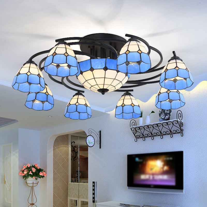 Blue And White Glass Semi-Flush Conical Ceiling Light With 9/11 Lights - Black Lighting Fixture For