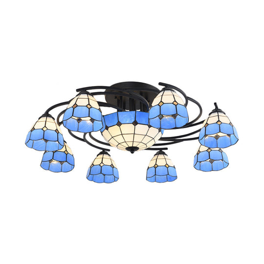 Blue and White Glass Semi-Flush Conical Ceiling Light with 9/11 Lights - Black Lighting Fixture for Living Room