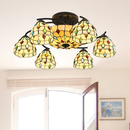 Tiffany Beaded Semi Flush Light - Beige Glass Ceiling Mounted Fixture for Bedroom (9/11 Lights)