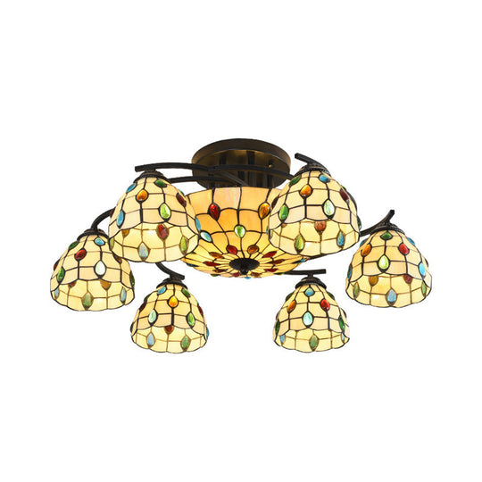 Tiffany Beaded Semi Flush Light - Beige Glass Ceiling Mounted Fixture for Bedroom (9/11 Lights)