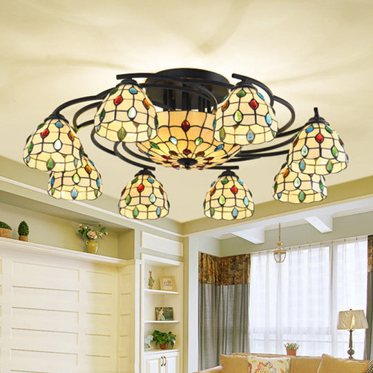 Tiffany Beaded Semi Flush Light - Beige Glass Ceiling Mounted Fixture for Bedroom (9/11 Lights)