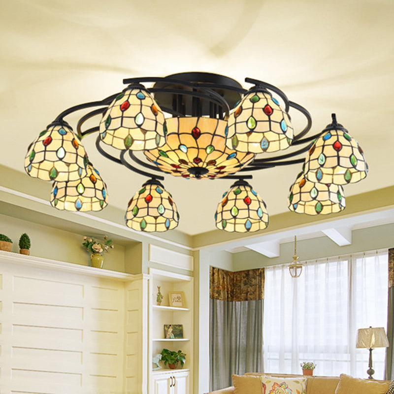 Tiffany Beaded Semi Flush Light - Beige Glass Ceiling Mounted Fixture For Bedroom (9/11 Lights) 11 /