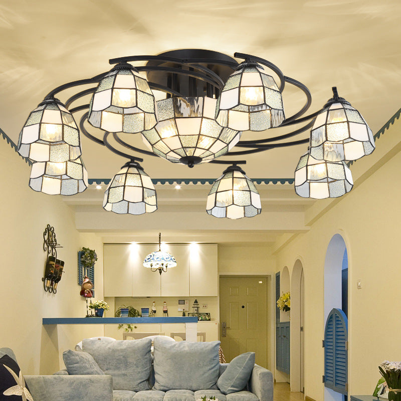 Tiffany Style Frosted Glass Semi-Flush Mount Light With Domed/Cone/Bell Shades - 9/11 Lights