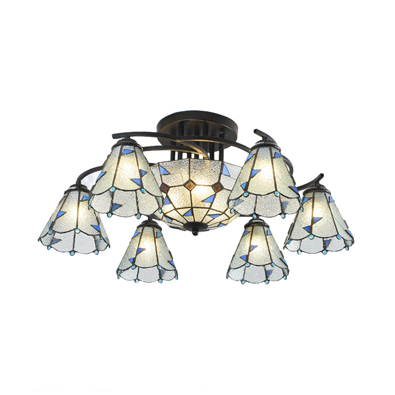 Tiffany Style Frosted Glass Semi-Flush Mount Light With Domed/Cone/Bell Shades - 9/11 Lights