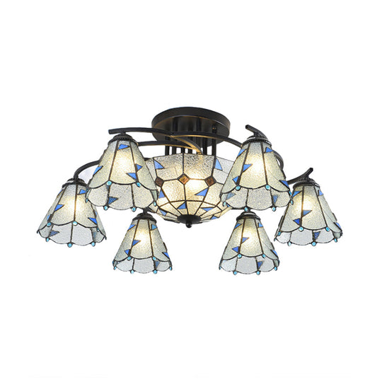 Tiffany Style Frosted Glass Semi-Flush Mount Light With Domed/Cone/Bell Shades - 9/11 Lights