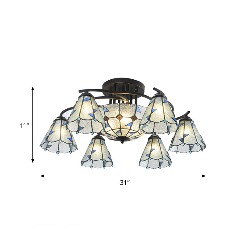 Frosted Glass Tiffany Style Ceiling Light Fixture - White/Yellow/Blue Semi-Flush Mount - Domed/Cone/Bell Design - 9/11 Lights - Ideal for Living Room