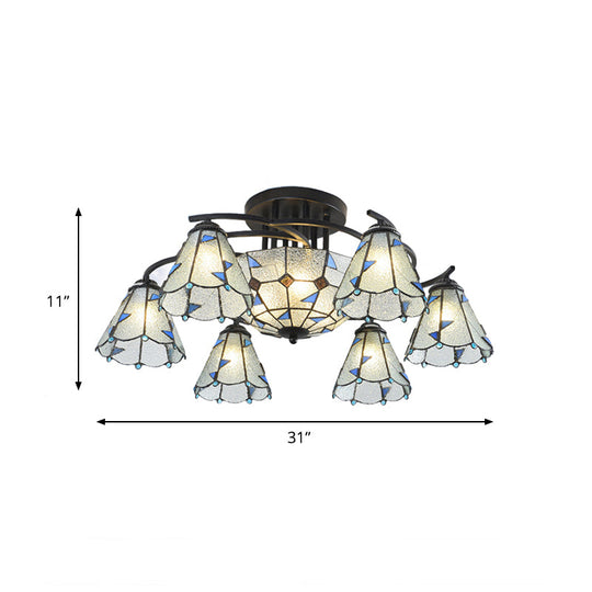 Frosted Glass Tiffany Style Ceiling Light Fixture - White/Yellow/Blue Semi-Flush Mount - Domed/Cone/Bell Design - 9/11 Lights - Ideal for Living Room